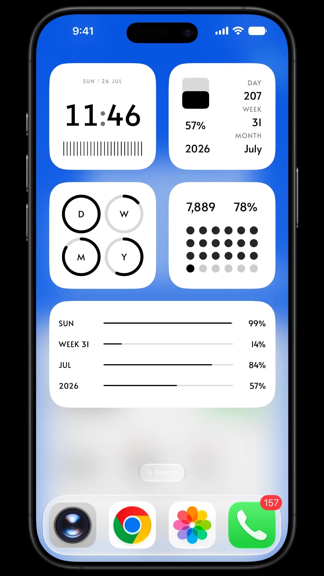 MNML widgets on a blue iPhone Home Screen