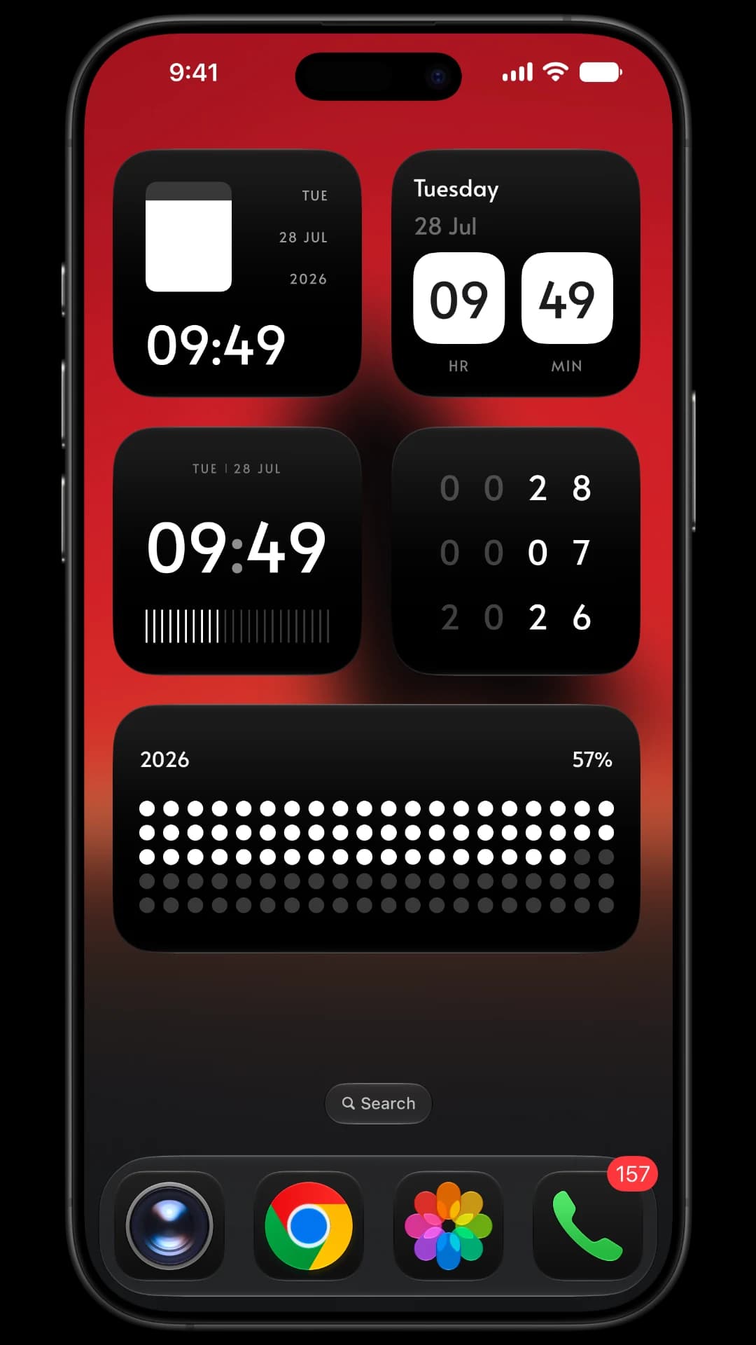 MNML widgets on a red iPhone Home Screen